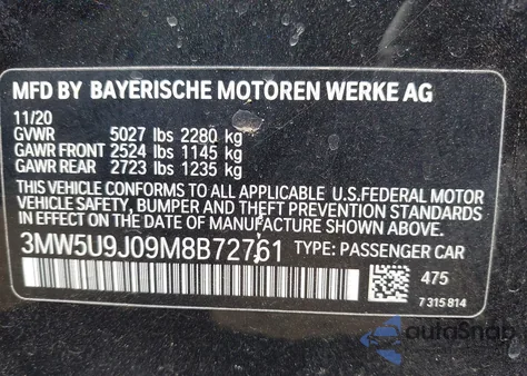 2021 BMW 3 Series M340I xDrive z USA, uszkodzony, nr VIN 3MW5U9J09M8B72761